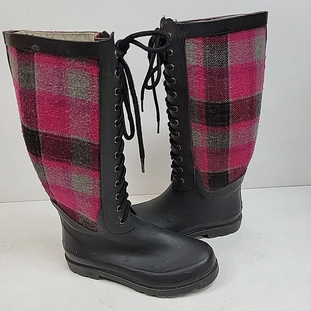 Chooka Rain Boots Womens Size 7 Plaid‎ Waterproof Tall Rubber Lace Up